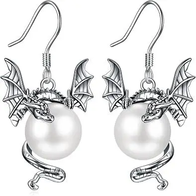 Dragon Earrings for Women 925 Sterling Silver Vintage Oxidized Dragon Pearl Dangle Earrings
