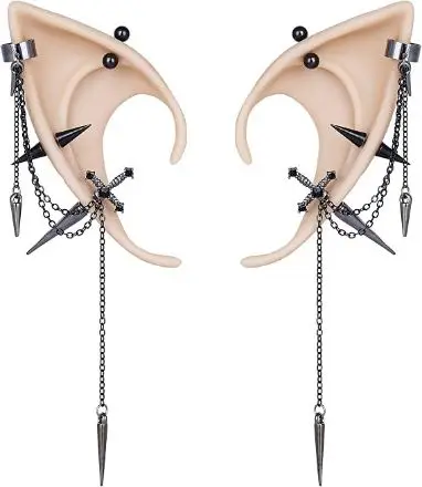 2 Pairs of Fairy Elf Ears with Sliver Piercings - Gothic Elf Ear Cuffs Skull Rose Cross Studs Sterling Earrings