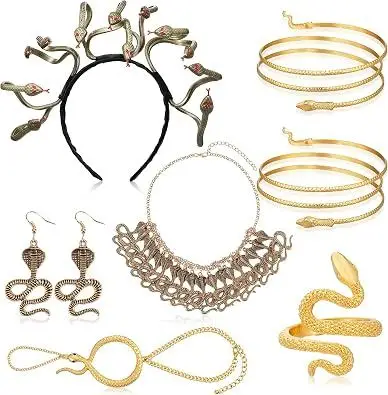 7 Pcs Halloween Medusa Snake Costume Set Medusa Headband Snake Choker Necklace Earrings Spiral Upper Arm Cuff Ring Hand Chain for Women