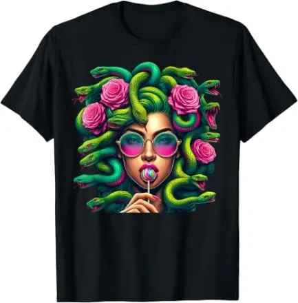Medusa Snakes Roses Lollipop Floral Greek Mythology T-Shirt