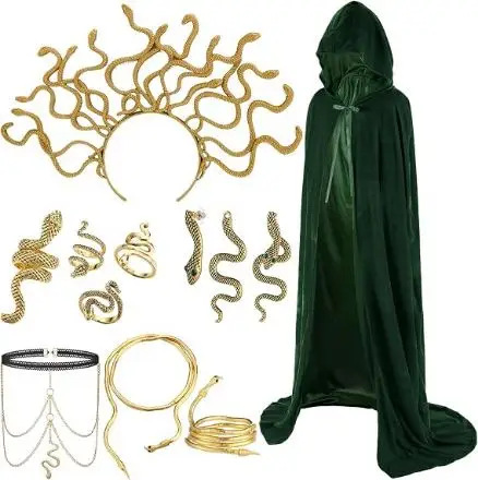 10 Pcs Halloween Medusa Costumes Set Gold Snake Jewelry Accessories for Women with Long Hooded Cloak Velvet Cape