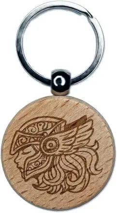 Valkyrie Female Viking Warrior Knight Winged Helmet Engraved Wood Round Keychain Tag Charm