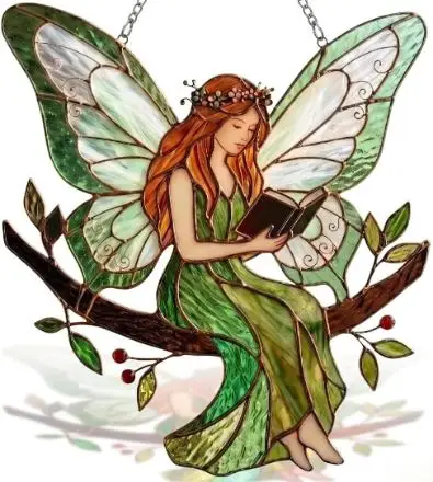 Stained Acrylic Fairy Reading a Book Suncatcher
