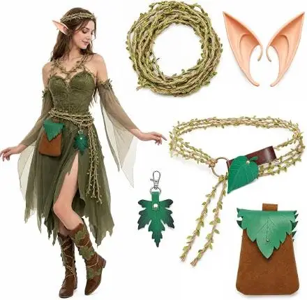 Elf Renaissance Costume Accessories Set, Leaf Headband, Braided Belt, Leaf Pouch Charm Elf Ears