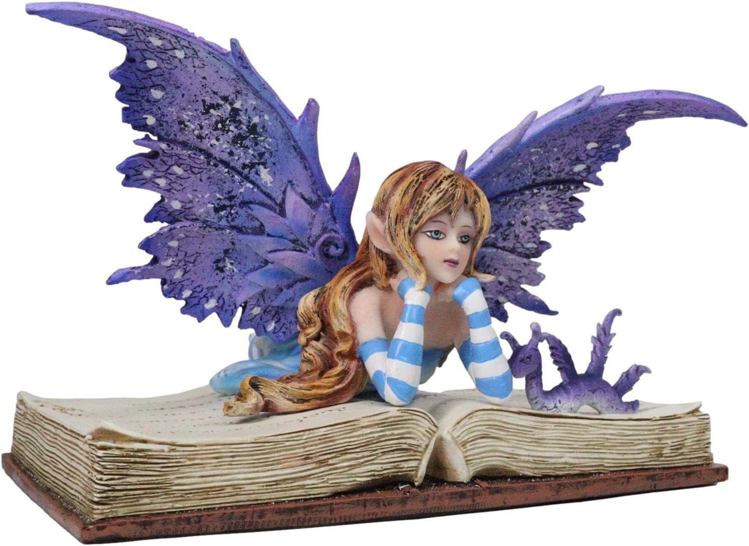 Purple Lavender Book Worm Fairy with Pet Dragon Statue