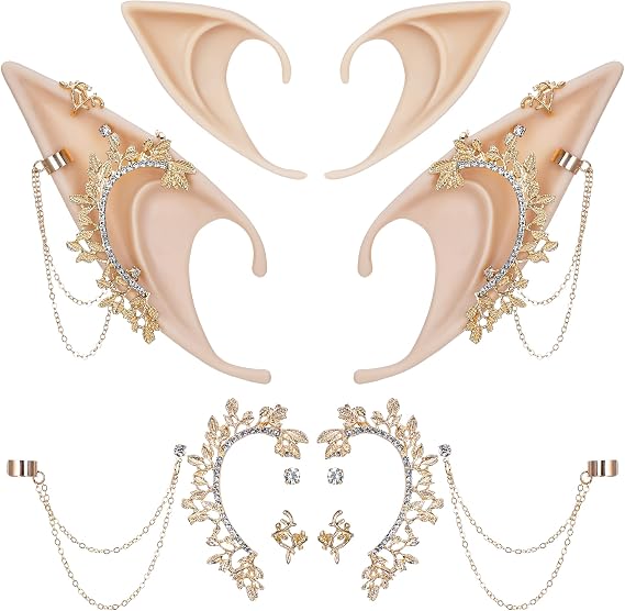 Elf Ears with Piercings - Handmade Fairy Ears with Gold Butterfly Earrings Cuffs