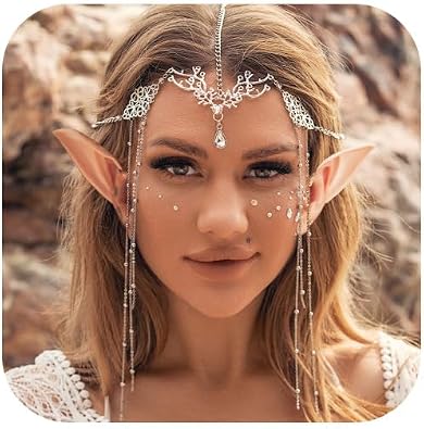 Boho Head Chain with Fairy Elf Ears Silver Hair Chain Elf Headpieces Fairy Hair Accessories for Women