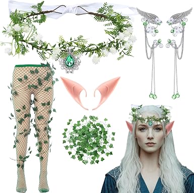 6 Pcs Halloween Fairy Elf Accessories Renaissance Medieval Costume Outfits Elf Crown Headpiece Fairy Ears Woodland Earrings Cuffs Green Mesh Socks Leaf Vines Cosplay Jewelry Set for Woman