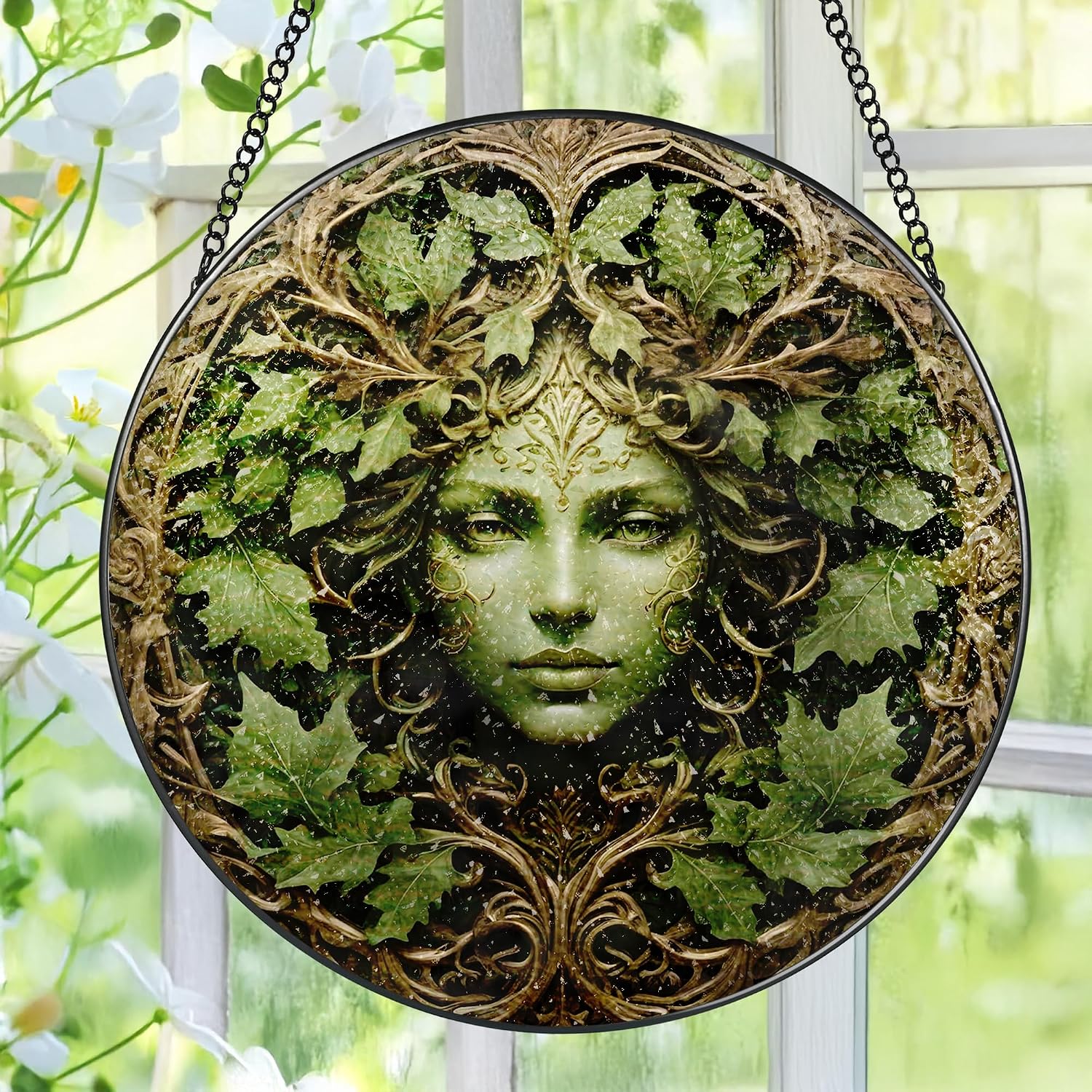 Green Man Stained Glass Suncatcher, Stained Glass Window Hanging, 8 Inch Window Décor