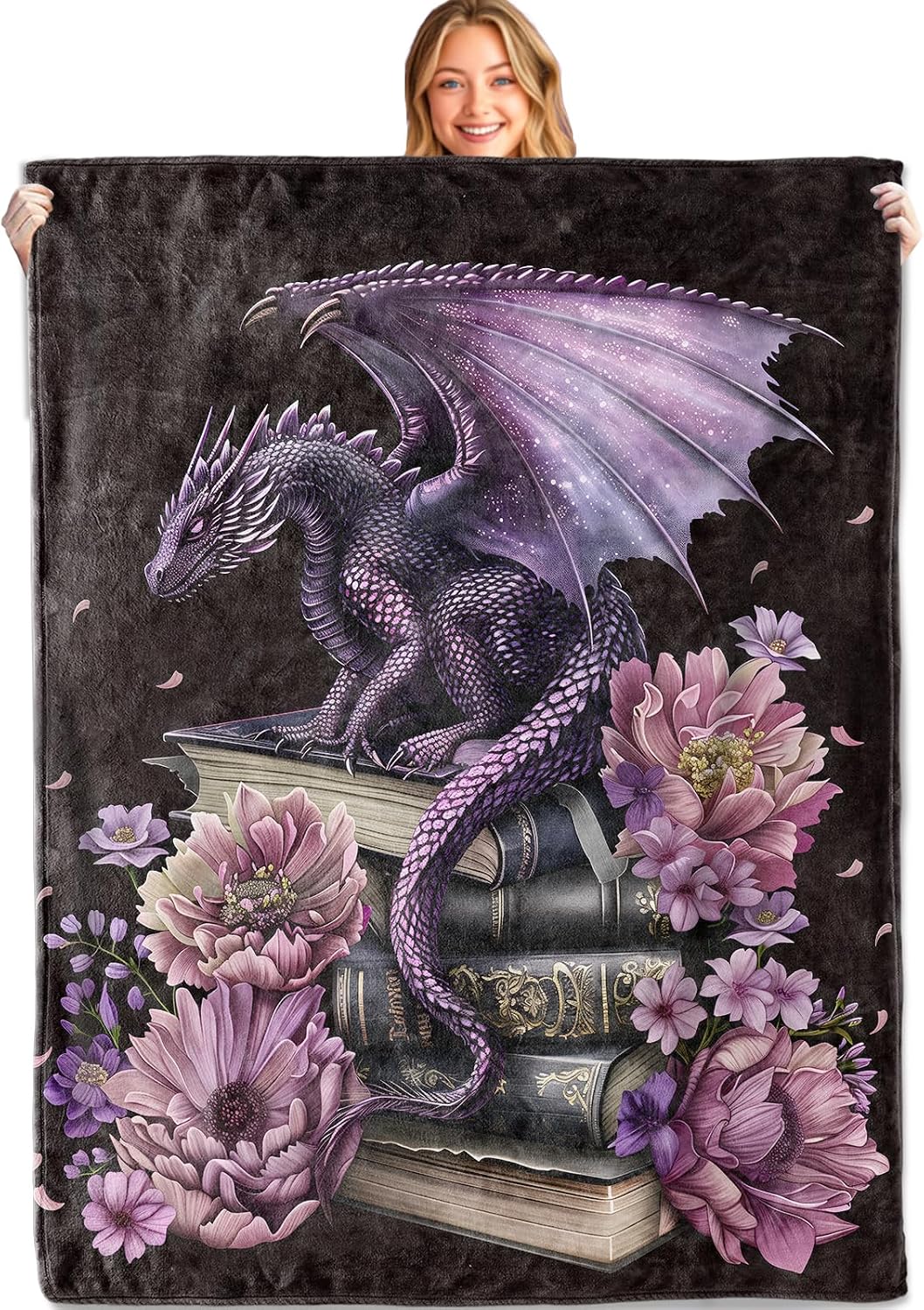 Fantasy Dragon Book Blanket Soft Lightweight, Dark Floral Magical Style Flannel