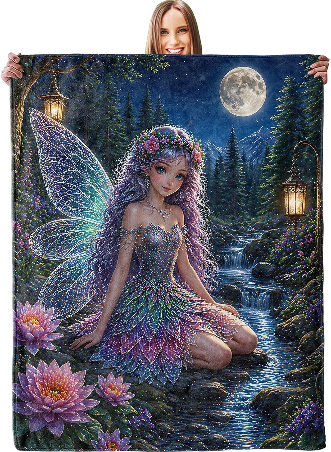 Enchanted Fairy Blanket, Soft Moonlit Winged Girl Forest Stream Throw Blanket