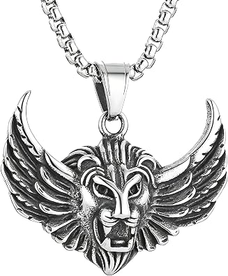 Lion Head Necklace for Men Stainless Steel Gothic Retro Lion Shield Pendant Necklace