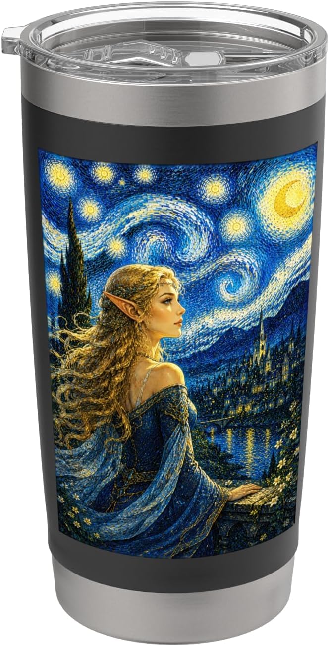 Fantasy Elf Maiden Van Gogh Starry Night Magical Art Graphic Stainless Steel Insulated Tumbler